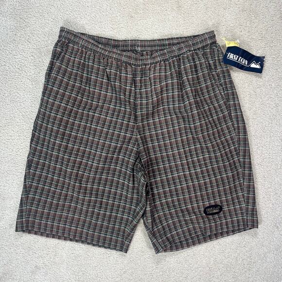 Vintage First Down Shorts Brown Green Plaid Elastic Drawstring Waist Men Size XL - Picture 1 of 7
